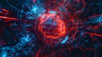 Glowing red and blue energy sphere with radiating light beams and particle effects in dark space, creating dynamic cosmic atmosphere for science backgrounds.