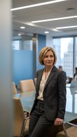 Professional blonde businesswoman in gray suit standing confidently in modern office conference room with glass walls and contemporary furniture.