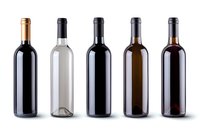 Collection of wine bottles in different colors and styles arranged in row on white background, isolated product photography for wine industry and retail marketing.