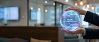 Digital transformation concept with businesswoman holding glowing globe displaying metamorphosis text in modern office environment for corporate innovation and technology solutions.