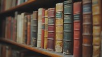 Row of vintage hardcover books with colorful spines arranged on wooden library shelf, creating nostalgic academic atmosphere with classic literature and antique volumes.