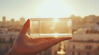 Hand holding transparent glass block against golden sunset cityscape, creating light refraction effect for creative photography or architectural concept.