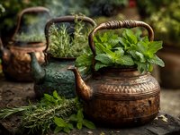 Fresh mint leaves in vintage copper teapot with herbs on rustic wooden table for natural tea brewing and herbal medicine preparation.