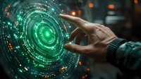 Futuristic holographic interface with human hand touching glowing green circular display, digital technology concept with bokeh light effects in dark setting.