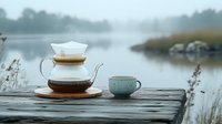 Serene morning tea setting on wooden dock by misty lake with glass teapot and ceramic cup, creating atmospheric mood for relaxation and mindfulness.