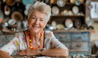Cheerful senior Caucasian woman with short gray hair wearing colorful necklace and floral print shirt smiling at home. Positive aging and active retirement lifestyle.