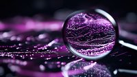 Crystal ball reflecting purple glowing digital network pattern on dark background with bokeh lights and reflective surface, modern technology concept.