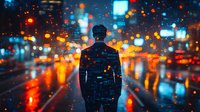 Silhouette of man against blurred urban nightscape with rain drops and bokeh lights creating atmospheric mood, reflective wet streets and glowing city lights.