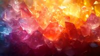 Vibrant crystal formations with glowing orange, pink, and blue hues create dramatic lighting effects against dark background, showcasing natural mineral structures.