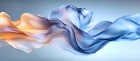 Flowing abstract silk fabric in orange and blue colors creating smooth waves and gentle curves against light background, luxury textile motion effect.