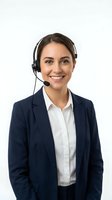 Professional customer service representative with headset smiling in business attire isolated on white background for corporate communications.