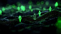 Glowing green digital figures standing on flowing data wave landscape against dark background, representing network connectivity and virtual community concept.