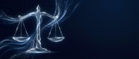 Digital justice scales made of glowing blue particles and light trails on dark background for legal technology concepts and law firm presentations.