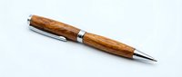 Wooden ballpoint pen with natural wood grain barrel and chrome metal accents, isolated on white background, suitable for office supplies, stationery design, and product mockups.
