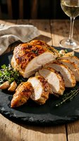 Sliced roasted duck breast with golden-brown skin served on black slate with fresh herbs, white wine, and rustic wooden table setting for fine dining and gourmet cuisine.
