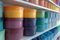 Colorful storage containers arranged on retail shelves, featuring stacked round boxes in yellow, purple, navy blue and teal tones, creating organized display pattern.