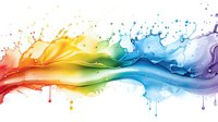 Vibrant rainbow liquid splash wave with dynamic paint drops and smooth color transitions from red through yellow, green, and blue to purple on white background.