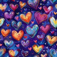 Vibrant seamless pattern with colorful hand-drawn hearts on deep blue background. Perfect for Valentine's Day designs, romantic packaging, fabric prints and digital love-themed projects.