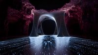 Glowing digital tunnel with light particles streaming through dark cave interior, illuminated by neon pink and blue lights creating futuristic sci-fi atmosphere.