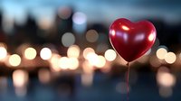 Red heart-shaped balloon floating against blurred city lights bokeh background creating romantic evening atmosphere. For Valentine's Day cards and love concepts.