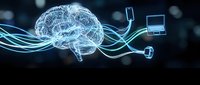 Digital brain with glowing neural networks connected to technology devices on dark background for artificial intelligence and machine learning concepts.