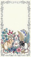 Three cute watercolor mice surrounded by wildflowers, berries and ferns in a decorative botanical frame with copy space for text.