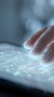 Hand touching futuristic holographic interface with glowing digital circuits and data visualization for modern technology applications.