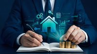 Businessman signing documents with glowing house hologram and gold coins, symbolizing real estate investment, mortgage planning, and property finance.