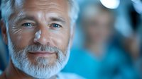 Confident mature Caucasian businessman with gray beard and gentle smile looking at camera. Professional corporate portrait with blurred background and soft lighting.
