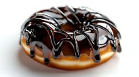 Glazed chocolate donut with dark dripping icing on white background, close-up view showing rich texture and glossy finish. Sweet pastry for bakery and food design.