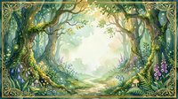 Enchanted forest clearing with ornate golden border, mystical woodland scene with ancient trees, magical atmosphere for fantasy storytelling and design.
