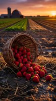 Fresh strawberries spilling from wicker basket on farm field at golden sunset with barn and silo in background for harvest and agriculture concepts.
