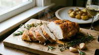 Sliced roasted pork loin with herbs and garlic on wooden cutting board, served with roasted potatoes and wine for fine dining and culinary presentations.