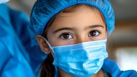 Young female medical professional wearing protective blue surgical mask and cap, with expressive brown eyes looking intently forward during healthcare procedure.