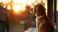Golden retriever dog sitting by window during sunset, silhouette against warm orange sky background creates peaceful atmospheric mood for pet lifestyle content.