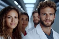 Diverse medical team in modern hospital corridor, featuring young professionals with confident expressions. Focus on female resident and bearded male doctor.