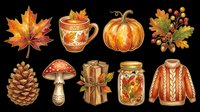 Autumn maple leaf, steaming cider mug, orange pumpkin, fall foliage bouquet, pinecone, mushroom, wheat bundle, preserved fruit jar, and cozy knit sweater isolated on transparent background. Ready for t-shirt designs, clipart, stickers, and print-on-demand projects.