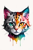 Artistic cat face split in monochrome and vibrant rainbow colors with dripping paint effect, featuring contrasting blue and yellow eyes on white background.