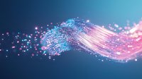 Glowing optical fiber wave with sparkles and light particles flowing on blue and pink gradient background, modern technology concept for telecommunications.