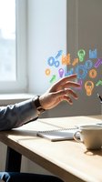 Businessman hand reaching toward colorful digital business icons including growth charts, gears, and lightbulbs floating above desk with notebook and coffee cup.