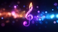 Glowing musical treble clef with sparkles and bokeh effects on dark background in purple, orange and blue colors. Magical music concept for design projects.