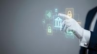 Smart home security system with digital interface icons displayed on touchscreen, representing connected home automation and wireless technology for residential protection.