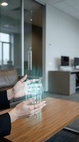 Businesswoman hands holding transparent glass in modern office meeting room with wooden table and glass partitions for corporate presentation.