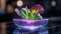 Glowing purple lettuce leaves in glass bowl with magical sparkles and light effects on dark background, modern food photography concept.