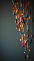 Colorful hanging bell chimes in vibrant hues against dark background, creating atmospheric home decor element for meditation spaces.