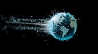 Glowing digital Earth globe dissolving into particles and data streams against black background, representing global technology and digital transformation.