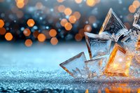 Glowing crystal stars on frosty surface with warm bokeh lights in background creating magical winter holiday atmosphere and festive mood.