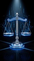 Digital justice scales with glowing blue light effects and data streams representing legal technology, artificial intelligence in law, and modern jurisprudence.