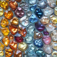 Colorful glass heart shapes in vibrant metallic hues create abstract mosaic pattern. Shiny translucent elements with gold, blue, pink and amber tones arranged in decorative layout.
