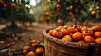Fresh persimmons in wicker basket at orchard with blurred fruit trees in background, harvest season agricultural scene.